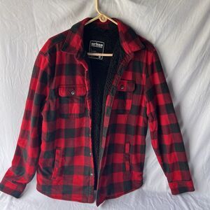Urban Pipeline Plaid Fleece Shirt Jacket Buffalo Red Black Size L Faux Fur Lined